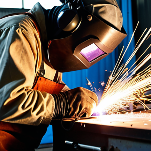 Home 15 **
A welder in a workshop, carefully using TIG welding on a delicate metal decorative element, sparks flying. The focus is on precision and artistry. The workshop is well-equipped with argon tanks and a TIG welding machine. The welder is wearing protective gear.
**