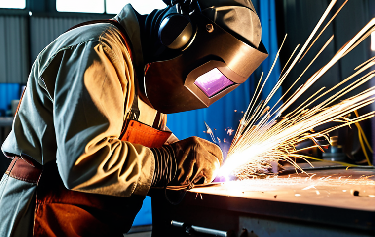 **

A welder in a workshop, carefully using TIG welding on a delicate metal decorative element, sparks flying. The focus is on precision and artistry. The workshop is well-equipped with argon tanks and a TIG welding machine. The welder is wearing protective gear.

**