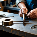 A focused artisan in a professional workshop, fully clothed in a sturdy, modest work apron and long-sleeved shirt, meticulously crafting a unique metal artwork. The scene highlights their well-formed hands holding a delicate tool, working on intricate details of a metal piece, with soft, natural light illuminating the textures. The background shows a clean, organized workbench with various metalworking tools. The overall atmosphere is one of skilled craftsmanship and dedication. perfect anatomy, correct proportions, natural pose, well-formed hands, proper finger count, natural body proportions, safe for work, appropriate content, fully clothed, professional, high quality, studio photography, realistic.