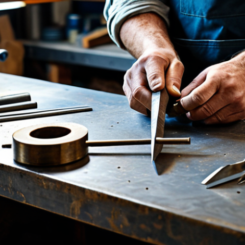 Home 14 A focused artisan in a professional workshop, fully clothed in a sturdy, modest work apron and long-sleeved shirt, meticulously crafting a unique metal artwork. The scene highlights their well-formed hands holding a delicate tool, working on intricate details of a metal piece, with soft, natural light illuminating the textures. The background shows a clean, organized workbench with various metalworking tools. The overall atmosphere is one of skilled craftsmanship and dedication. perfect anatomy, correct proportions, natural pose, well-formed hands, proper finger count, natural body proportions, safe for work, appropriate content, fully clothed, professional, high quality, studio photography, realistic.
