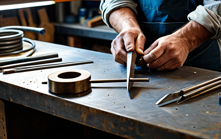 A focused artisan in a professional workshop, fully clothed in a sturdy, modest work apron and long-sleeved shirt, meticulously crafting a unique metal artwork. The scene highlights their well-formed hands holding a delicate tool, working on intricate details of a metal piece, with soft, natural light illuminating the textures. The background shows a clean, organized workbench with various metalworking tools. The overall atmosphere is one of skilled craftsmanship and dedication. perfect anatomy, correct proportions, natural pose, well-formed hands, proper finger count, natural body proportions, safe for work, appropriate content, fully clothed, professional, high quality, studio photography, realistic.