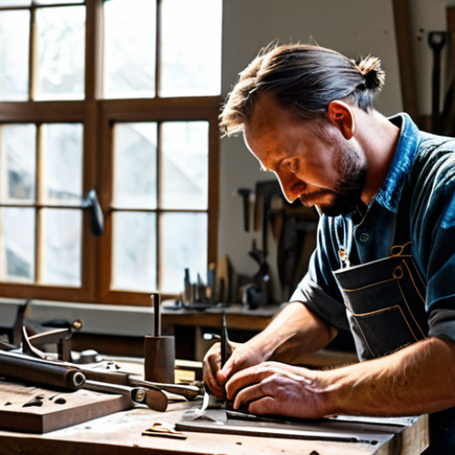 Home 7 A focused male metalworking artisan, fully clothed in modest workshop attire including a denim apron and sturdy work shirt, intently working on an intricate metal sculpture at a well-lit workbench. His well-formed hands with proper finger count are precisely manipulating small hand tools on a detailed copper piece. The background shows an organized, rustic workshop with various metal tools neatly hung on the walls and natural light streaming through a window. A subtle, safe artistic spark effect from grinding is visible. The scene captures the dedication and artistry of the craft. Professional photography, hyper-detailed, cinematic lighting, sharp focus, realistic, high resolution, perfect anatomy, correct proportions, natural pose, natural body proportions, safe for work, appropriate content, family-friendly.