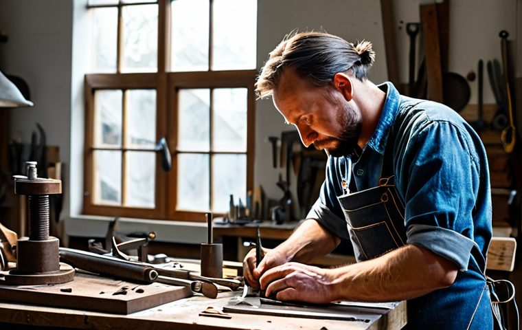 A focused male metalworking artisan, fully clothed in modest workshop attire including a denim apron and sturdy work shirt, intently working on an intricate metal sculpture at a well-lit workbench. His well-formed hands with proper finger count are precisely manipulating small hand tools on a detailed copper piece. The background shows an organized, rustic workshop with various metal tools neatly hung on the walls and natural light streaming through a window. A subtle, safe artistic spark effect from grinding is visible. The scene captures the dedication and artistry of the craft. Professional photography, hyper-detailed, cinematic lighting, sharp focus, realistic, high resolution, perfect anatomy, correct proportions, natural pose, natural body proportions, safe for work, appropriate content, family-friendly.