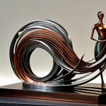 ** A sophisticated, contemporary metal sculpture featuring intricate, flowing lines, showcasing a blend of polished steel and patinated copper textures. The artwork incorporates elements suggestive of advanced fabrication and laser cutting techniques. It stands as the centerpiece in a well-lit, modern art gallery, with hints of classical architectural details in the background, symbolizing the fusion of tradition and innovation. Professional art enthusiasts, fully clothed in appropriate attire, observe the sculpture with admiration. The scene is bathed in soft ambient lighting, captured with high-resolution professional photography. safe for work, appropriate content, fully clothed, professional, perfect anatomy, correct proportions, natural pose, well-formed hands, proper finger count, natural body proportions.

**