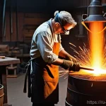 열처리 기법과 경도 조절 - **Prompt: The Art of Quenching**
    "A skilled, fully clothed male blacksmith in a rustic workshop,...