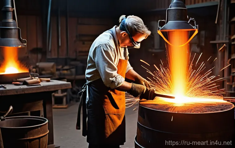 열처리 기법과 경도 조절 - **Prompt: The Art of Quenching**
    "A skilled, fully clothed male blacksmith in a rustic workshop,...