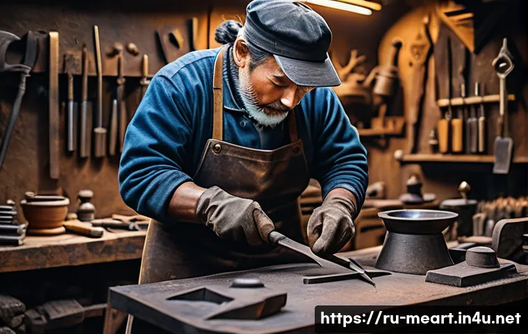 금속공예 컬렉션과 소장 가치 - A master artisan forging intricate metalwork in a traditional workshop, surrounded by tools like ham...