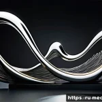 금속 조각과 조형 기법 - A contemporary metal sculpture showcasing the fluidity and texture of forged steel, featuring smooth...