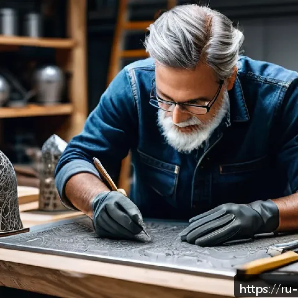 금속공예 창작과 저작권 문제 - A skilled artisan in a modern workshop carefully engraving a unique metallic sculpture with intricat...
