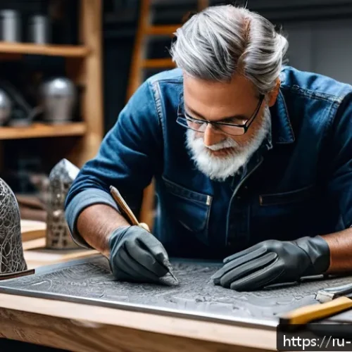 금속공예 창작과 저작권 문제 - A skilled artisan in a modern workshop carefully engraving a unique metallic sculpture with intricat...