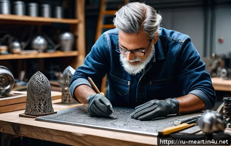 금속공예 창작과 저작권 문제 - A skilled artisan in a modern workshop carefully engraving a unique metallic sculpture with intricat...