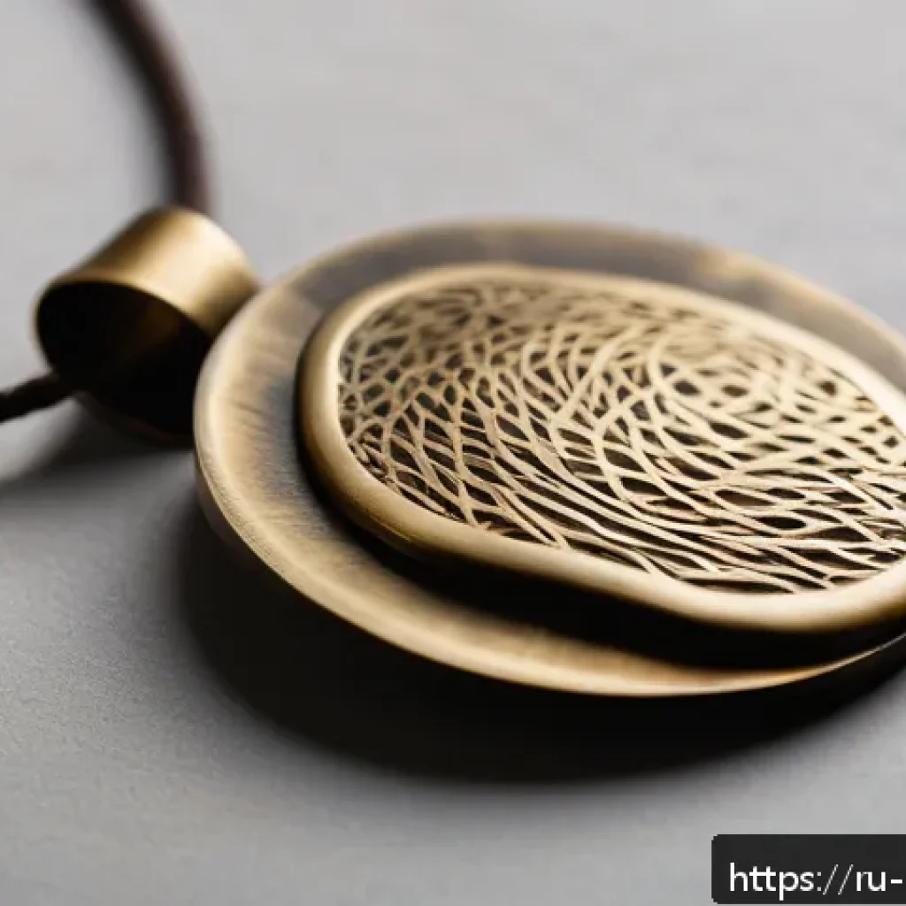 금속공예 온라인 판매 노하우 - A high-quality close-up photograph of a handcrafted brass pendant with natural patina, inspired by o...
