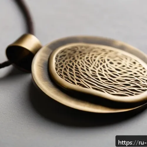 금속공예 온라인 판매 노하우 - A high-quality close-up photograph of a handcrafted brass pendant with natural patina, inspired by o...