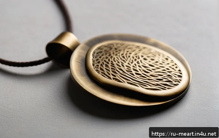 금속공예 온라인 판매 노하우 - A high-quality close-up photograph of a handcrafted brass pendant with natural patina, inspired by o...